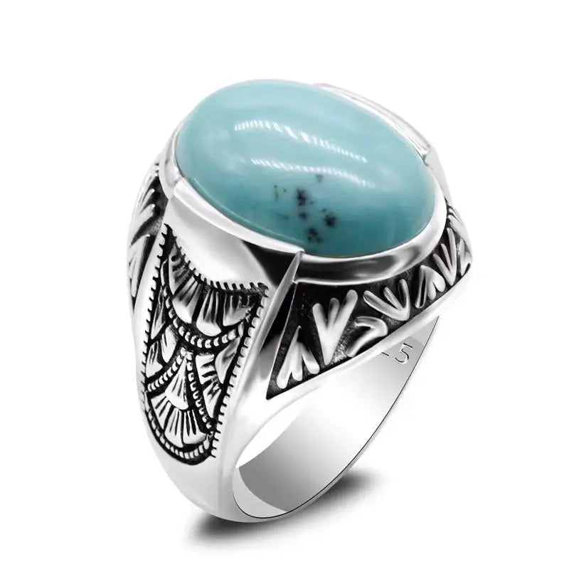 S925 Sterling Silver Inlaid Oval Turquoise Stone Men's Ring Turkish Jewelry Everyday Wear Holiday Gift