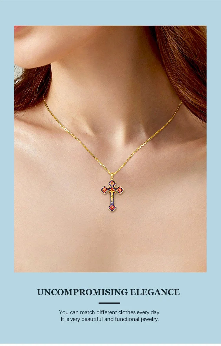 Eudora 925 Sterling Silver Jesus Crucifix Cross Necklace 18K Gold Angel Prayer Amulet Christian Pendant Exquisite Enamel Jewelry