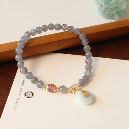 6MM Gray Moonstone Bracelet with Citrine&Strawberry Quartz, Freshwater Pearl Beaded Elastic Jewelry, Boho Healing Gift for Women