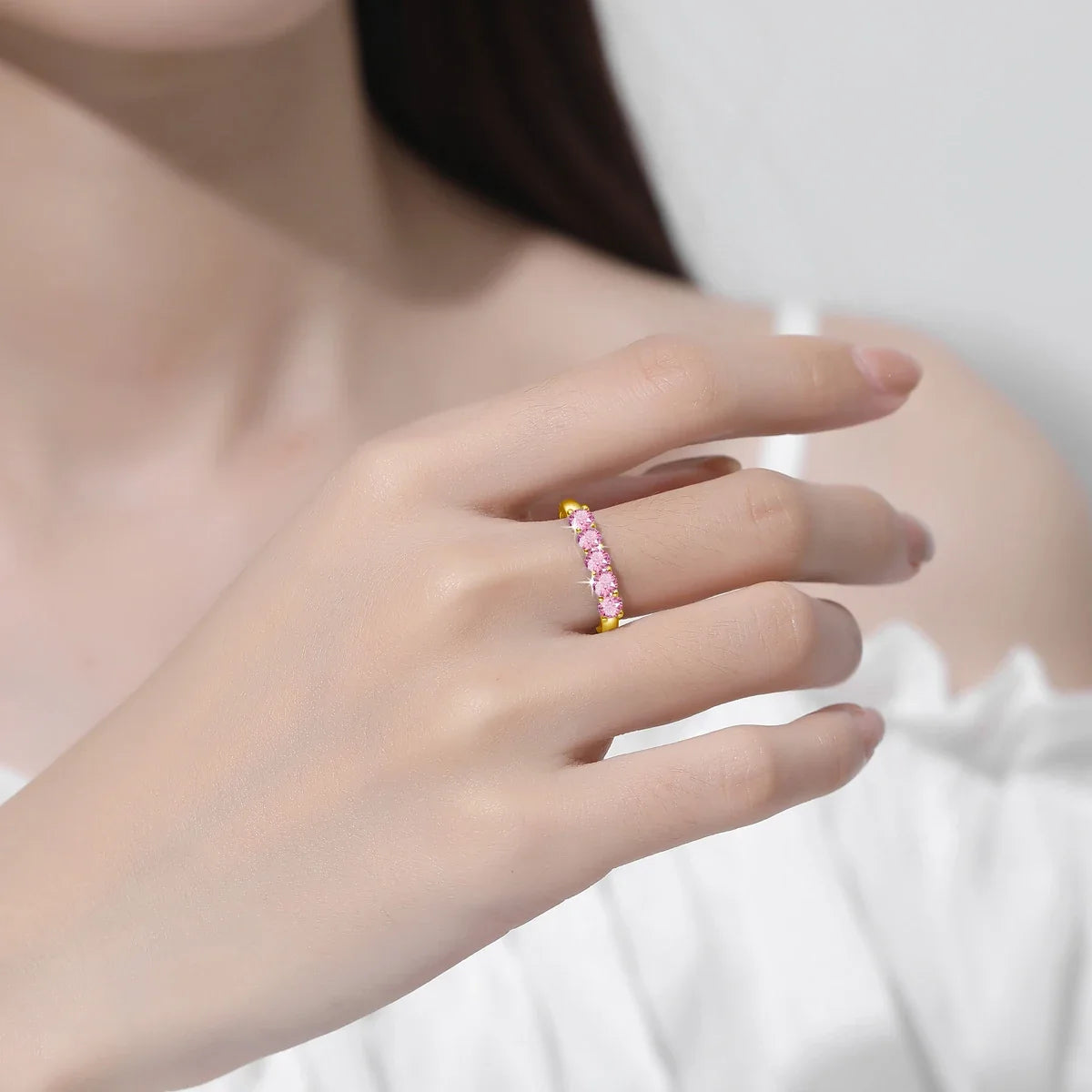 14K Gold Filled Pink Moissanite Rings 5 Stone D VVS1 for Women Man with 1/20th 14 Karat Gold Engagement Wedding Jewelry