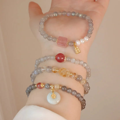 6MM Gray Moonstone Bracelet with Citrine&Strawberry Quartz, Freshwater Pearl Beaded Elastic Jewelry, Boho Healing Gift for Women
