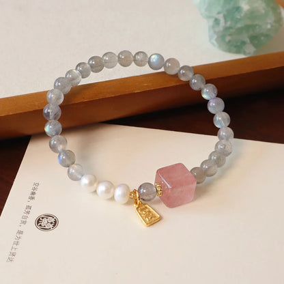 6MM Gray Moonstone Bracelet with Citrine&Strawberry Quartz, Freshwater Pearl Beaded Elastic Jewelry, Boho Healing Gift for Women