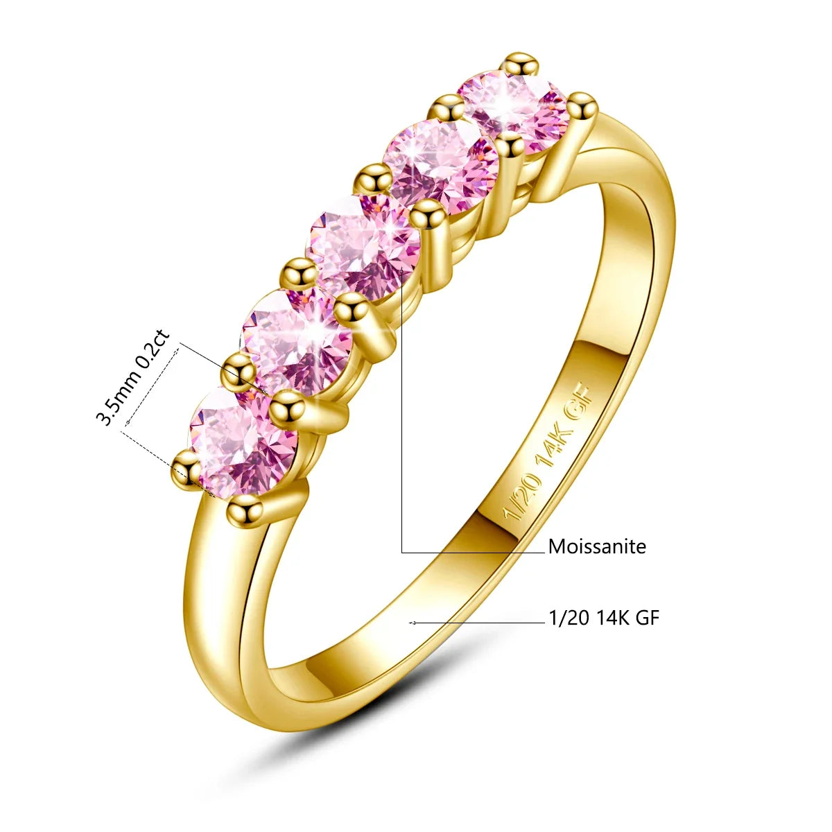 14K Gold Filled Pink Moissanite Rings 5 Stone D VVS1 for Women Man with 1/20th 14 Karat Gold Engagement Wedding Jewelry