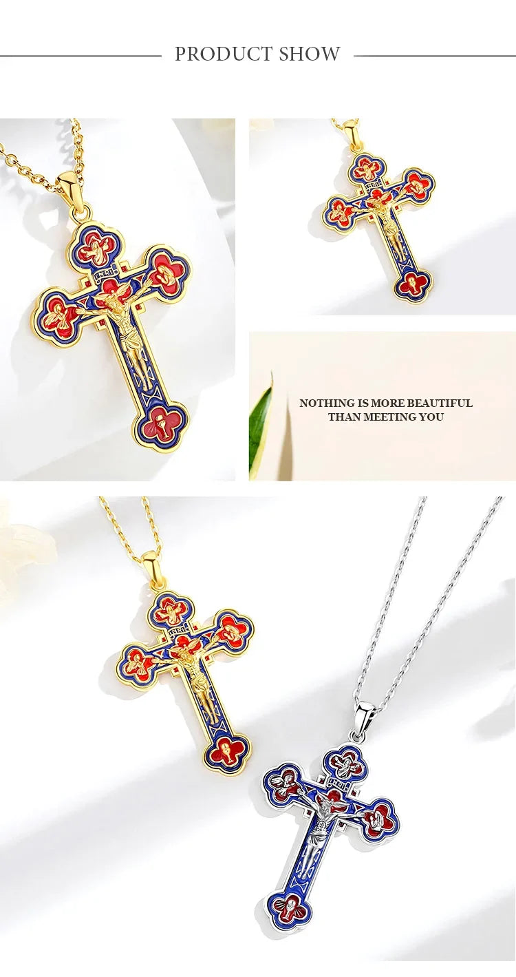 Eudora 925 Sterling Silver Jesus Crucifix Cross Necklace 18K Gold Angel Prayer Amulet Christian Pendant Exquisite Enamel Jewelry