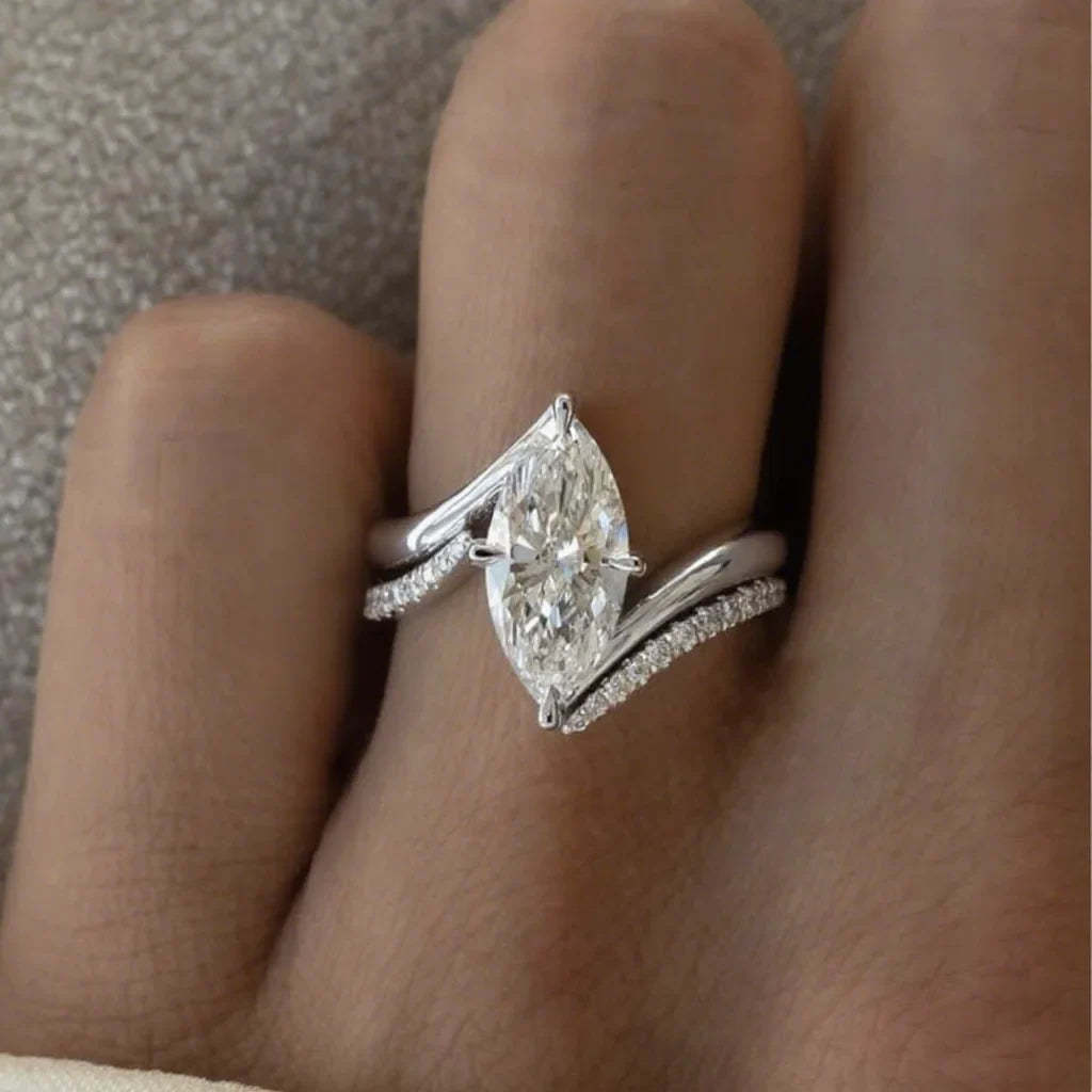 OEVAS 3CT Marquise Cut Moissanite Two Rings 100% S925 Silver Double row Ring for Women Wedding Party Fine Jewelry