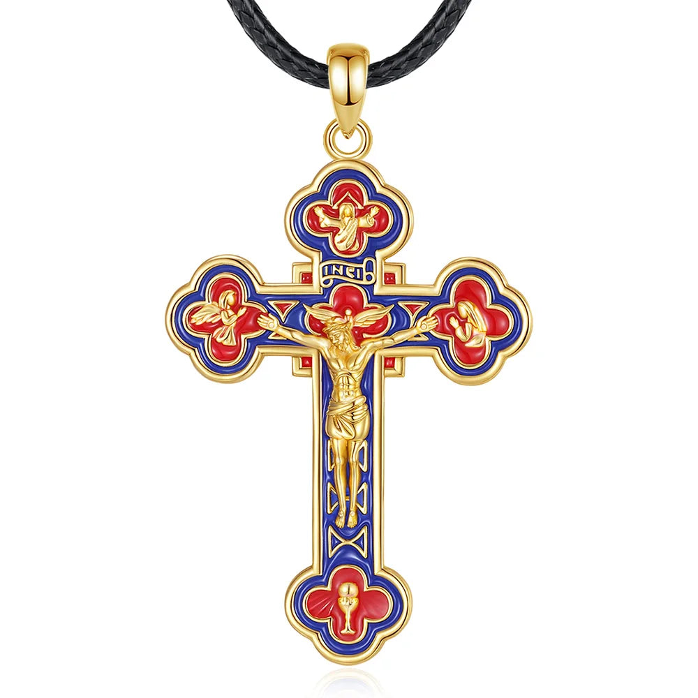 Eudora 925 Sterling Silver Jesus Crucifix Cross Necklace 18K Gold Angel Prayer Amulet Christian Pendant Exquisite Enamel Jewelry
