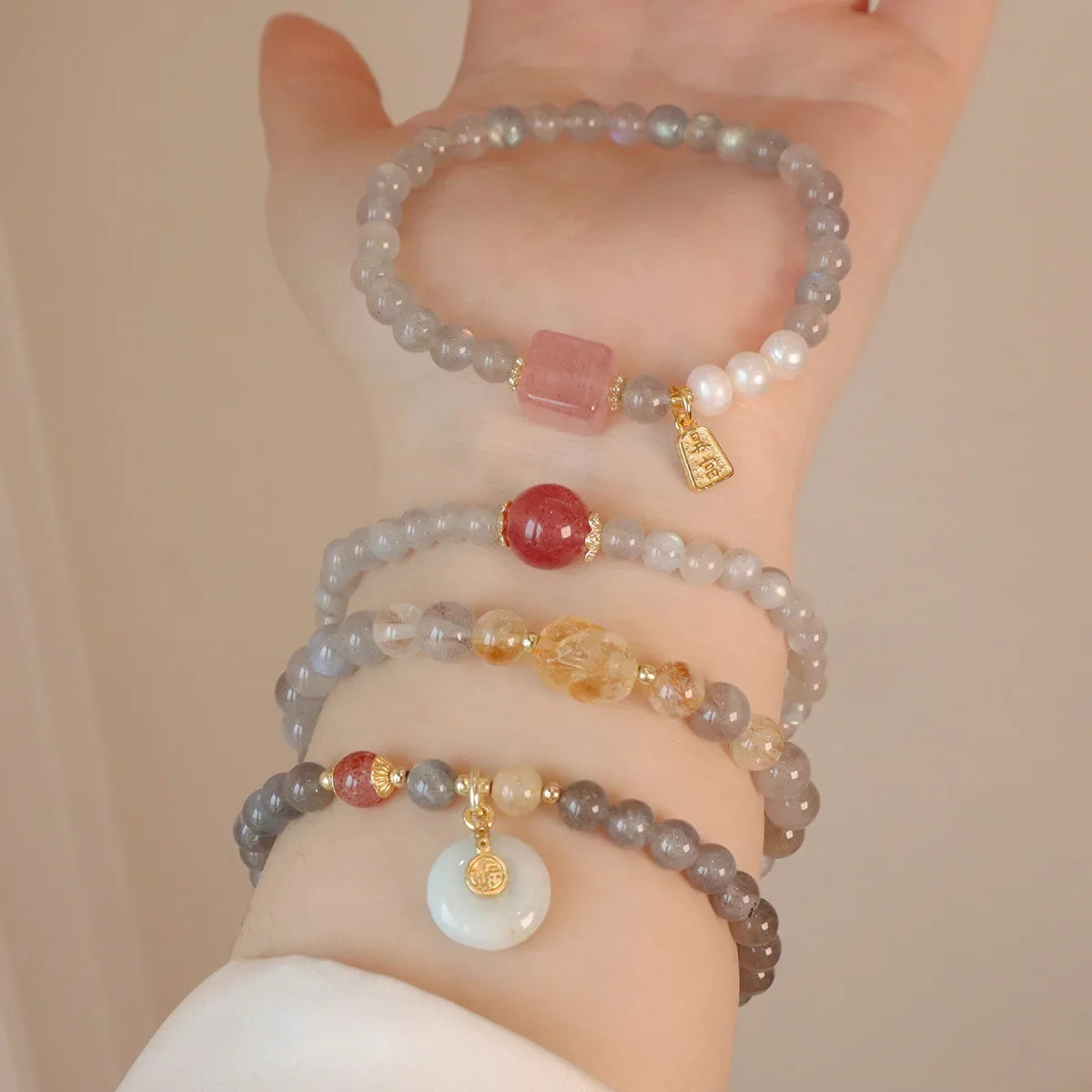 6MM Gray Moonstone Bracelet with Citrine&Strawberry Quartz, Freshwater Pearl Beaded Elastic Jewelry, Boho Healing Gift for Women