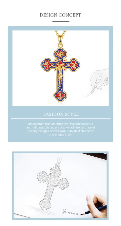 Eudora 925 Sterling Silver Jesus Crucifix Cross Necklace 18K Gold Angel Prayer Amulet Christian Pendant Exquisite Enamel Jewelry