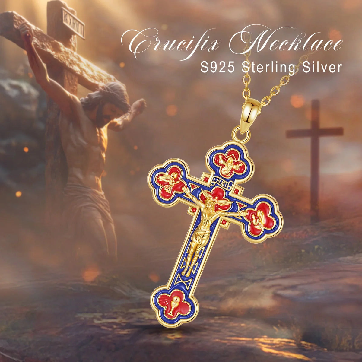 Eudora 925 Sterling Silver Jesus Crucifix Cross Necklace 18K Gold Angel Prayer Amulet Christian Pendant Exquisite Enamel Jewelry
